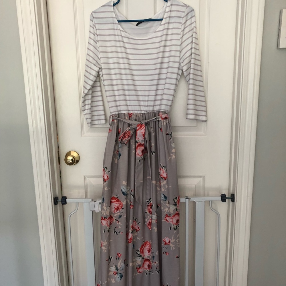 Striped Floral 3/4 sleeve maxi dress